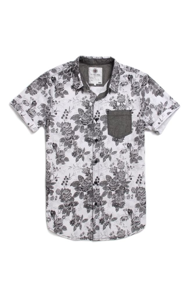 A great Patch-Pocket Floral Print Black-n-white Shirt!